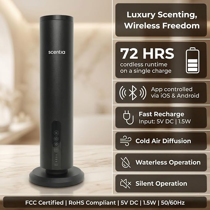Scentia Wireless Waterless Hotel Scent Diffuser | Includes Premium USA-Made Oil Blend | App Controlled, Cordless | Home, Office, Spa, Aromatherapy | Covers 1500 Sq Ft | 72 Hrs in 1 Charging | Black