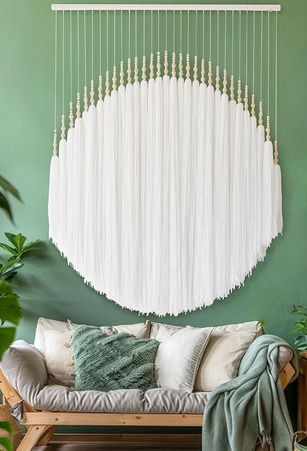 Boho Wall Decor Yarn Wall Hanging Macrame Wall Hanging Fiber Wall Art White Beads Tassel Wall Decor Boho Chic Home Decor 39" W x 55" L | Wedding Backdrop Decor, Boho Decor, Entryway Accent, Neutral Home Decor, Cozy Room Style, Fiber Art Wall Hanging