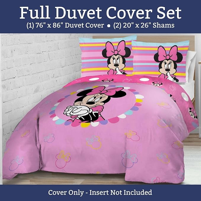 Jay Franco Duvet Cover Set – 3 Piece Comforter Cover and Sham Set, Super Soft Cozy Kids Bedding (Insert Not Included) Pink- Minnie Mouse, Full