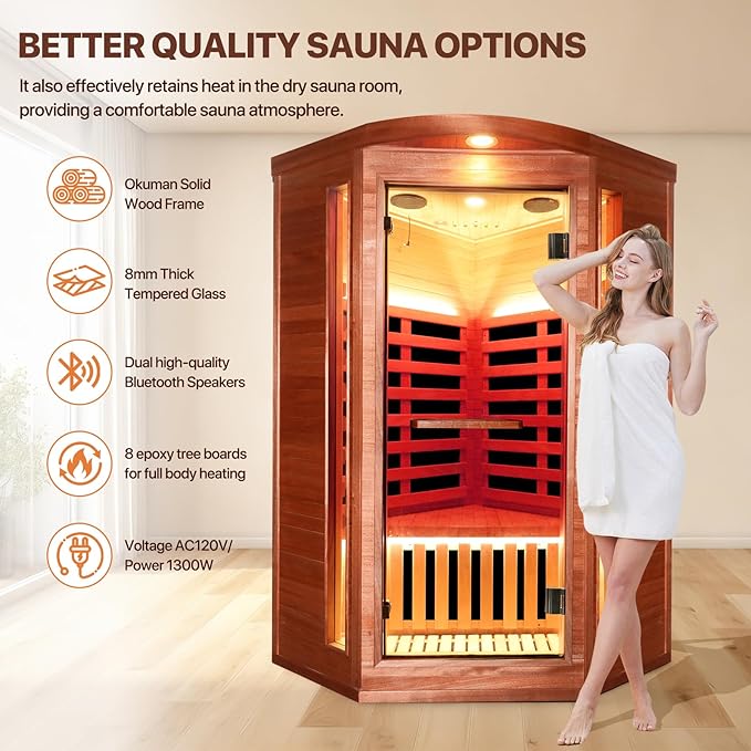 OUTEXER Corner Sauna for One Person Far Infrared Sauna Low-EMF African Mahogany Wood 1300W Indoor Saunas Wood Wax Oil on Outer Surface 37 * 37 * 71Inch