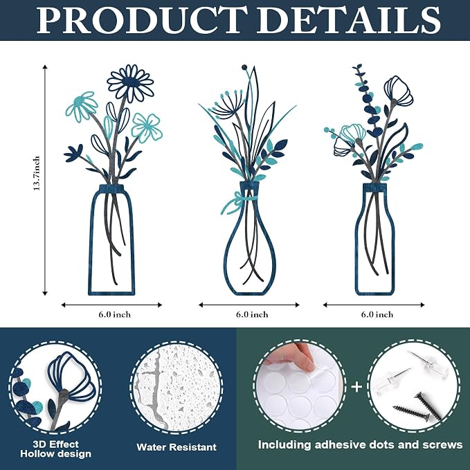 Pigort 3 Pieces Metal Flowers Wall Arts - Rustic Farmhouse Style Décor Metal Wall Art Black Minimalist Flower Natural Themed Wall Decors for Home Bedroom Dining Room Housewarming (Blue)