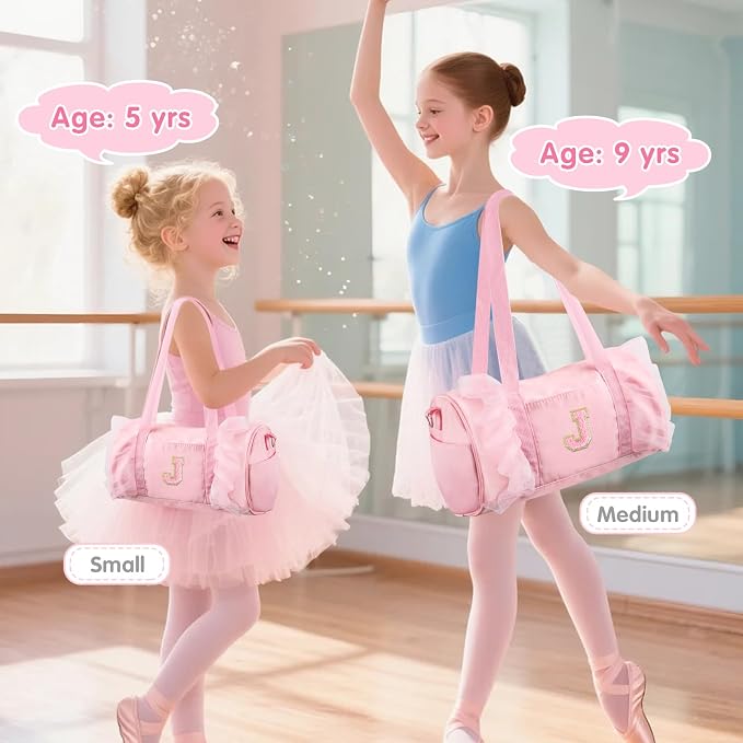 Personalized Initial Dance Bag for Girls 4-6, Small Lace Gym Sport Yoga Cheer Dance Bags Gift for Teen Girls, Cute Letter Kids Ballet Bag Toddler Travel Duffel Tote with Adjustable Straps(Pink-J)