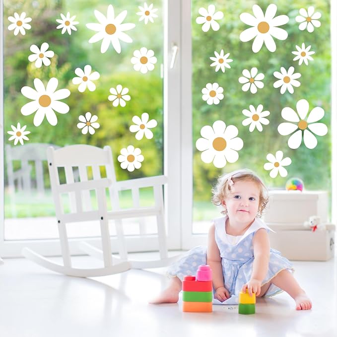 TaoBary 12 Sheet Daisy Wall Sticker Decal,White, Yellow,Classic Style | Big Flower Wall Sticker, Pink White Floral Decal, Daisy Bedroom Room Decor, Removable Peel and Stick, Nursery Home Wall Decor