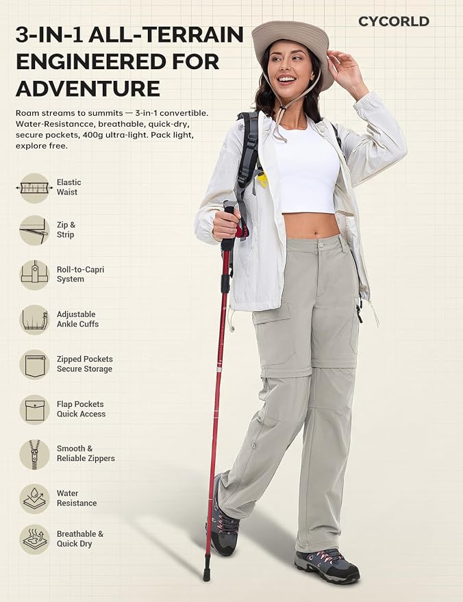 Cycorld Women's-Hiking-Pants-Convertible Quick-Dry-Stretch-Lightweight Zip-Off Outdoor Pants with 5 Deep Pockets