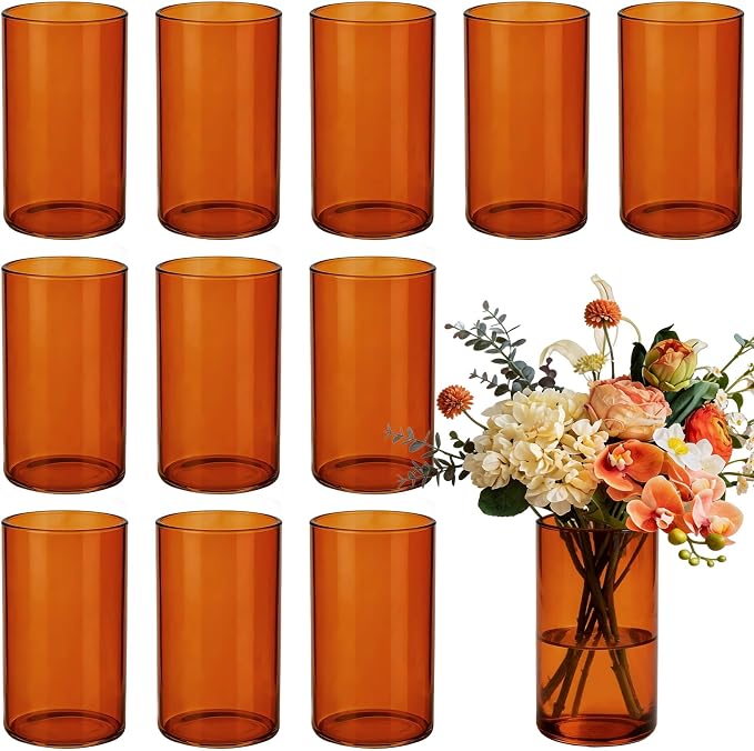 12pcs 6 Inch Amber Glass Cylinder Vases for Centerpieces | Flower Vases for Wedding, Home & Party Decor, Hurricane Floating Candle Holders for Table & Shelf