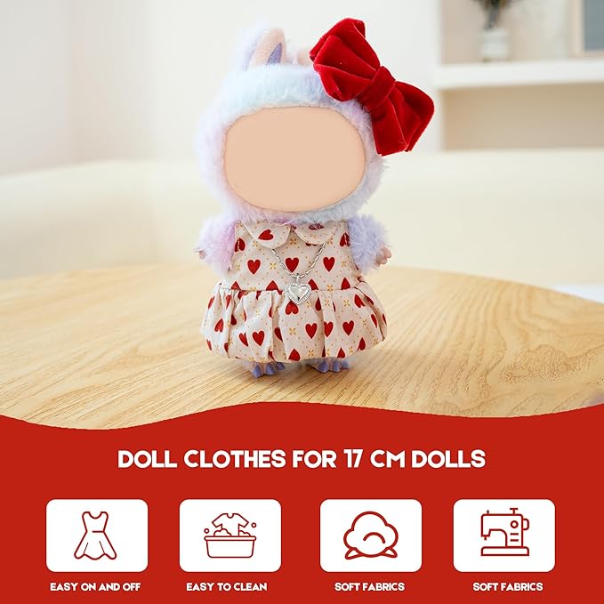 Clothes for Labubu Doll,6.7 Inch Doll Clothing Set - 4 Pieces of Handmade Clothes and Accessories for 17cm Plush Toy - Pink and White Colorblock Piglet Top + Pink Tutu Skirt + Bow Tie