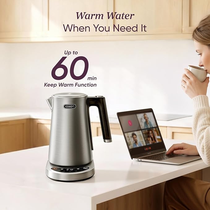 Cosori Electric Kettle, Plastic-Free Interior, 5 Presets ±5℉ Temperature Control, Fast Boiling, 2 Lid Opening, 60Min Keep Warm, Stainless Steel Tea Kettle for Tea, Hot Water, Boil Water, Coffee, 1.7L
