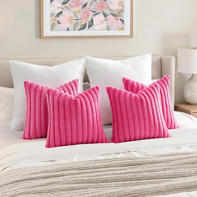 MIULEE Faux Fur Plush Decorative Throw Pillow Covers 20x20, Hot Pink | Set of 4, Striped, Soft Romantic Modern Cozy Home Decor, Cushion Cases for Sofa Couch Bed Living Room