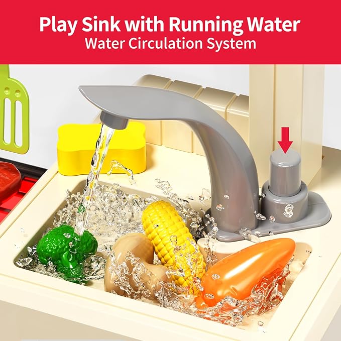 Kids Kitchen Playset, Play Kitchen with Stove, Grill, Sink, Play Food, ToyKitchen Accessories, Cooking Kitchen with Lights Sound Steam, Pretend Play Toys for Kids Toddler Birthday Gifts