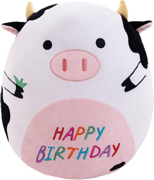 14.5" Birthday Cow Plush Pillow Black Cow Stuffed Animal Cute Soft Body Pillow Hugging Doll Toy Home Happy Birthday Decoration Gifts for Kids Girls and Boys