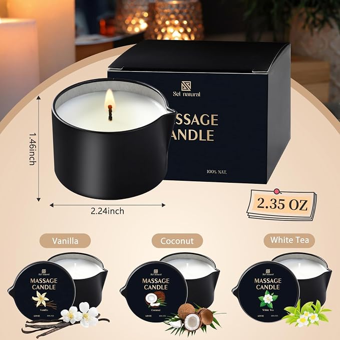 3 Pack Massage Oil Candles 2.35oz Low Temp Massage Candle Wax 3 Scent Vanilla, White Tea, Coconut Spa Therapy Body Oil Christmas Valentine's Day Gifts for Relaxation, Couples, or Self-Care