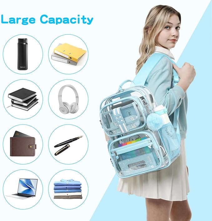 Cusangel Clear Backpack for School,16in Heavy Duty Clear BookBag,TPU Large Capacity Black See Through backpack for Stadiums,Concerts,Plastic transparente para mujer for 8Age+