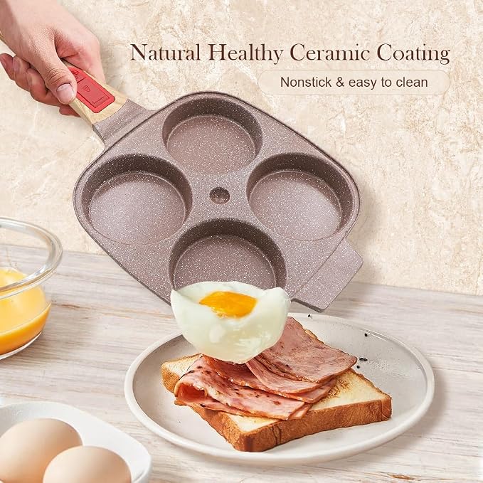 RANX INGST Ceramic Egg Frying Pan, Nonstick 4 Cup Fried Egg Pan with Detachable Handle, Omelette Pan Induction Compatible - Brown