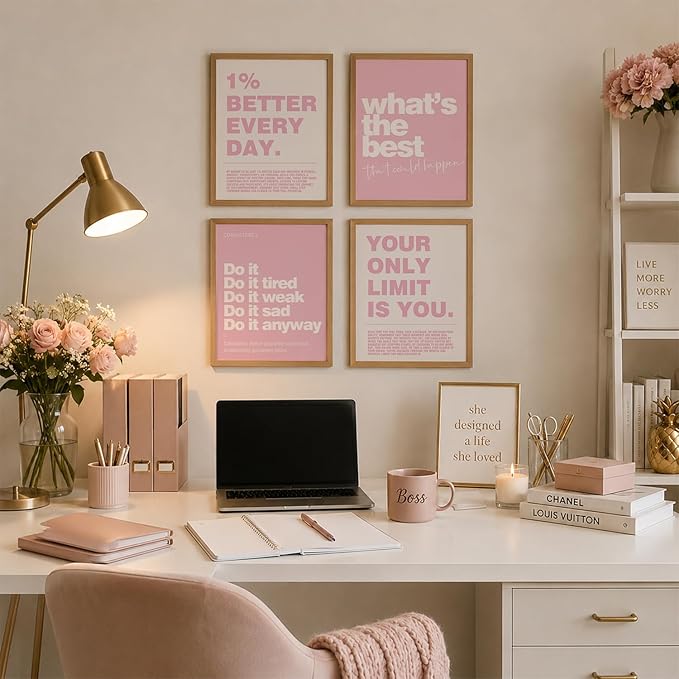 DSHFG Pink Motivational Inspirational Office Wall Art Decor Prints 4Pcs | Pink Office Motivational Wall Decor Trendy Retro Positive Affirmations Quotes Wall Decor Posters, 8x10 Unframed