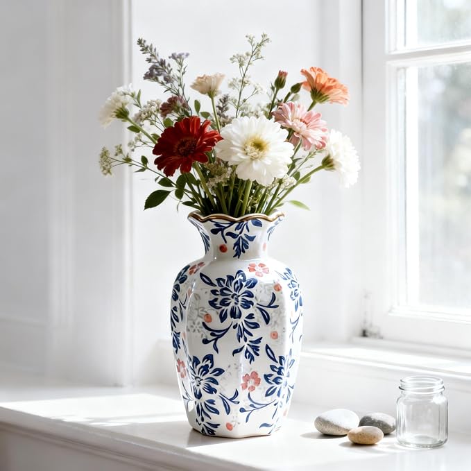 9.4 Inch Tall Ceramic Flower Vase Blue and White - Chinoiserie Decor Vase for Home Decor, Wedding Centerpiece, Gift Idea - Handmade Ceramic Vase for Fresh or Dried Flowers
