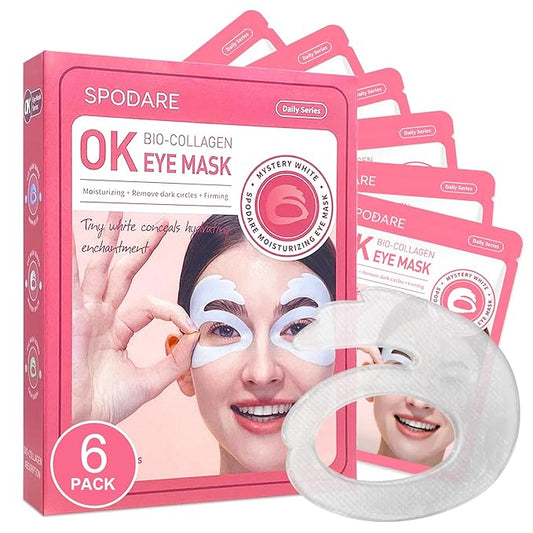 SPODARE OK Shape Eye Masks, 360° Fit Under Eye Patches with Caffeine and Collagen, Firming & Hydrating Eye Mask for Dark Circles and Puffiness, Self Care Gifts for Women - 6 Pairs, Mystery White