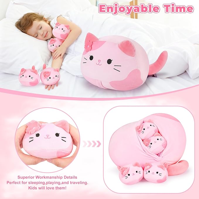 5 PCS Pink Sakura Cat Plush Stuffed Animal Family-19" Soft Pink Sakura Cat Plush, Large Mommy Plushies with 4 Baby Kittens Plushies, Kawaii Plush Toy Christmas Birthday Gifts for Kids Boys Girls