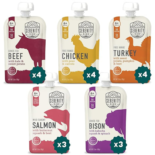 Serenity Kids 6+ Months Meat Baby Food Puree Pouches - 18 Count, 3.5 Oz - No Added Sugar Meat Snacks Toddler Food - Portable Baby Travel Essential