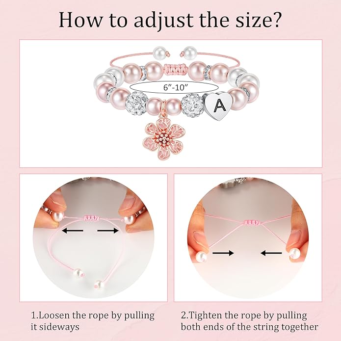 MONOOC Valentines Gifts for Kids Girls - Initial Flower Charm Bracelets for Girls, Adjustable Pearl and Rhinestone Beaded Bracelet Heart Initial Bracelets Jewelry for Flower Girl Gift Birthday Gifts