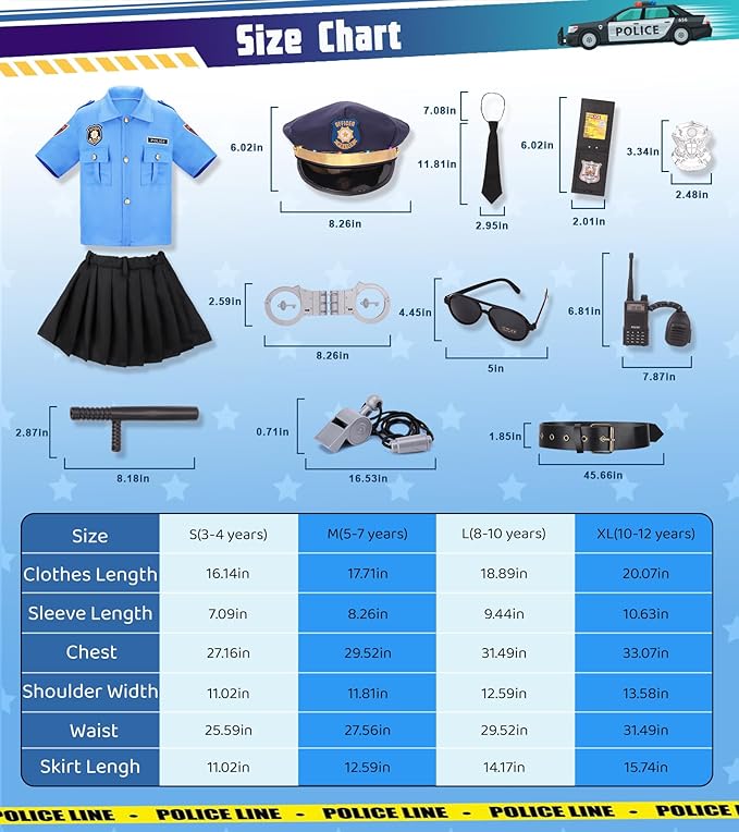Meland Police Officer Costume for Girls - Halloween Dress Up for Girl Age 3-12, Role Play Outfit for Halloween Career Day