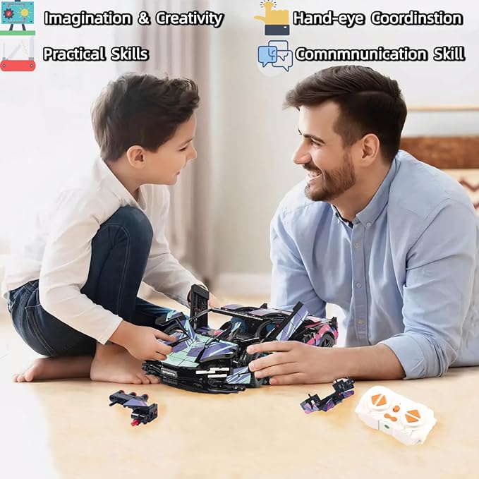 1280-piece RC Car Model Kit with Dual-Mode Play - Build a Remote Control Car, Featuring Scissor Doors and Functional Hood for STEM-savvy Teens and Hobbyists