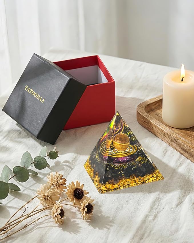 Orgone Pyramid with Healing Crystals - (Space - Planets) - Golden Obsidian Energy Generator for Positive Vibe, Stress Relief & Chakra Reiki Meditation - Spiritual Gift for Success, Wealth & Prosperity