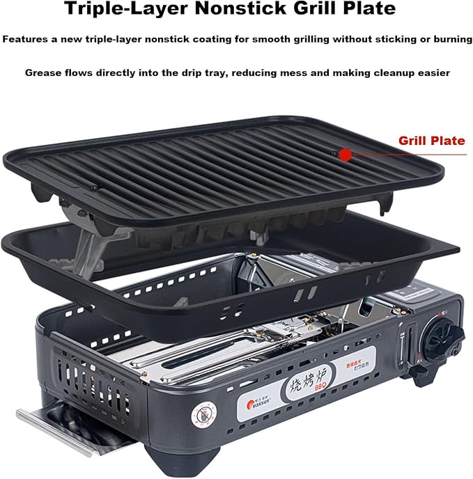 MAXSUN Portable Butane Grill, Tabletop BBQ Camping Stove MS-8, 7,250BTU Outdoor Gas Grill with Nonstick Plate, Fast Heat-Up Portable Cooker for Tailgating, Picnics & Korean BBQ