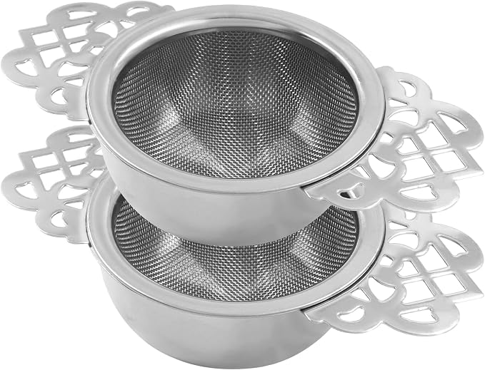 2 Pack Fine Mesh Tea Strainers with Drip Bowls, Stainless Steel Loose Leaf Tea Filter, Double Wing Handles for Mugs & Cups 2.5-4 Inch Mouth, Silver