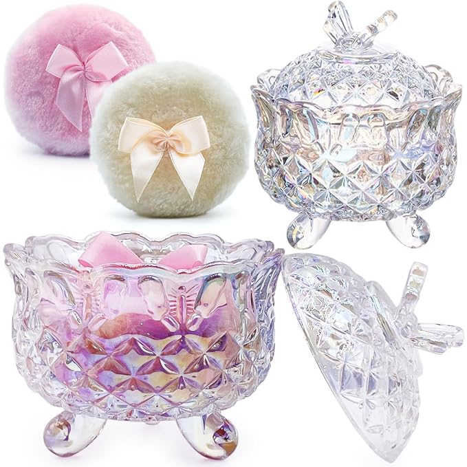 4" Glass Dusting Powder Container with 2 Fluffy Puffs,Cute 3.5" Soft Body Powder Puff and Jar Set(Butterfly-dazzling color)