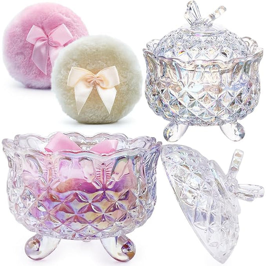 4" Glass Dusting Powder Container with 2 Fluffy Puffs,Cute 3.5" Soft Body Powder Puff and Jar Set(Butterfly-dazzling color)