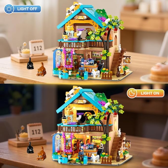 City Pet Shop Building Set with Lights, Cozy Pet House Construction Toy with Cats Dogs Rabbit, 1431 PCS Cute Animal Store Miniature Model Building Block Kit for Adults Kids Boys Girls Ages 12+
