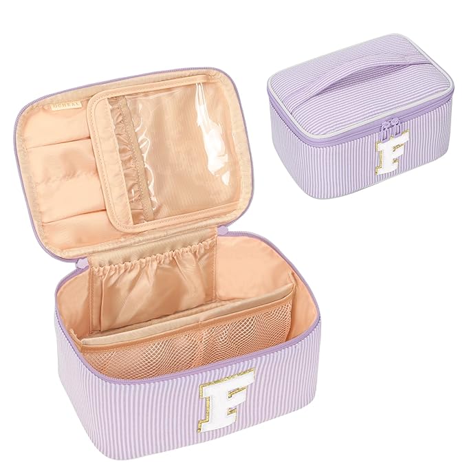 OCHEAL Makeup Bag Valentines Day Gifts for Women, Monogram Cosmetic Bag Purple Travel Makeup Case Beauty Toiletry Bag Organizer Personalized Gifts for Girls Bridesmaid, Sister, Wife, Friends Initial F
