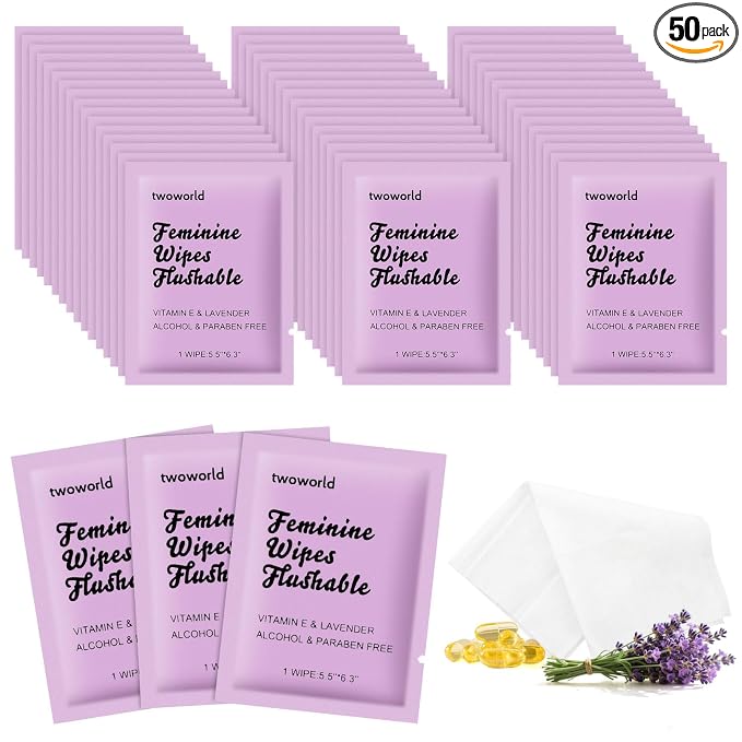twoworld 50 Feminine Wipes Individually Wrapped,Flushable Wipes Travel | Feminine Care Vaginal Wipes for Adult,Women,Girl and Homeless(Lavender)