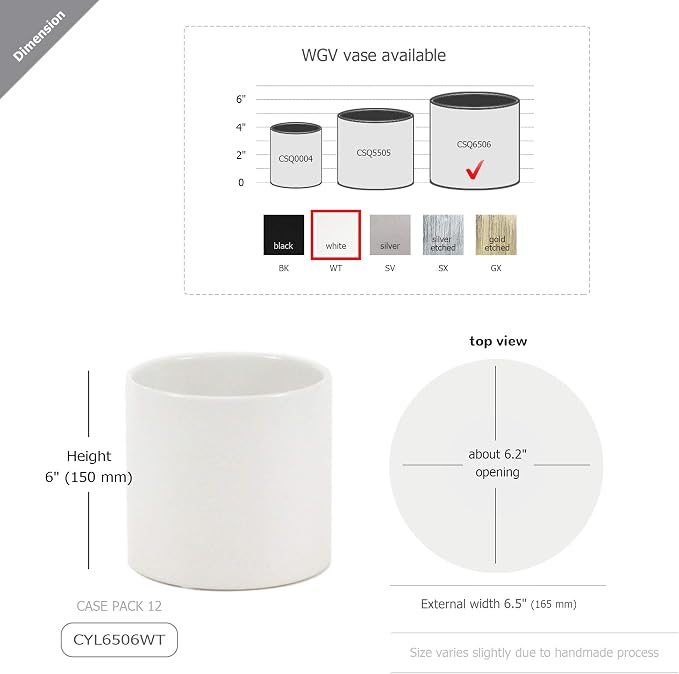 WGVI Matte White Ceramic Cylinder Vase Width 6.5" Height 6", Flower Arrangements, Candle Holder, Terrarium Planter Pot, Storage Container Organizer, Pen Brush Holder, Modern Table top Decor, 6 Pc