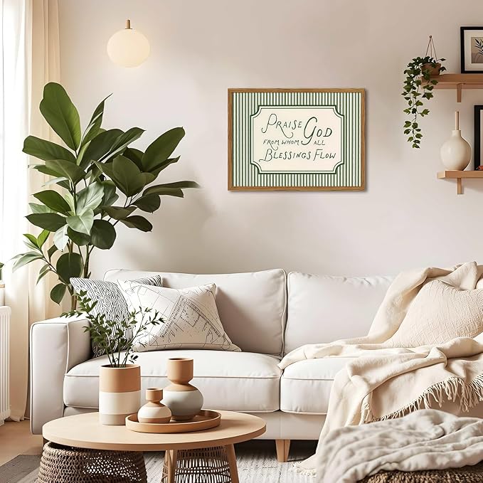 Framed Christian Scripture Wall Art, Bible Verse Pictures Wall Decor, Sage Green Striped Praise God From Whom All Blessings Flow Paintings Canvas Prints Religious Home Decor for Living Room 12x16 inch