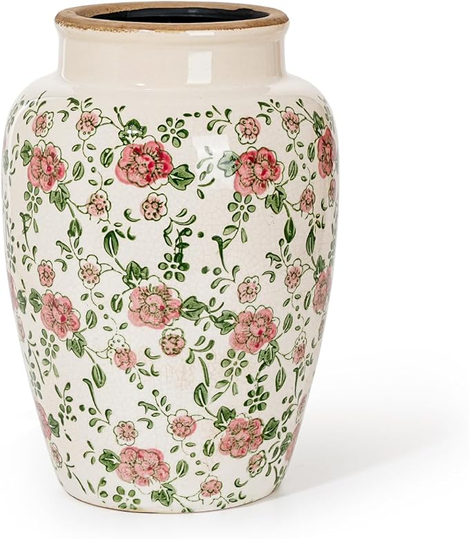 Sungmor Ceramic Flower Vase, Vintage Pink Ice Cracked Glaze Porcelain Vase | Pretty Home Decor Vase for Flower Arrangement, Fresh Flowers, 10.2 Inch Tall Chinoiserie Pottery Vase, Green Floral Pattern