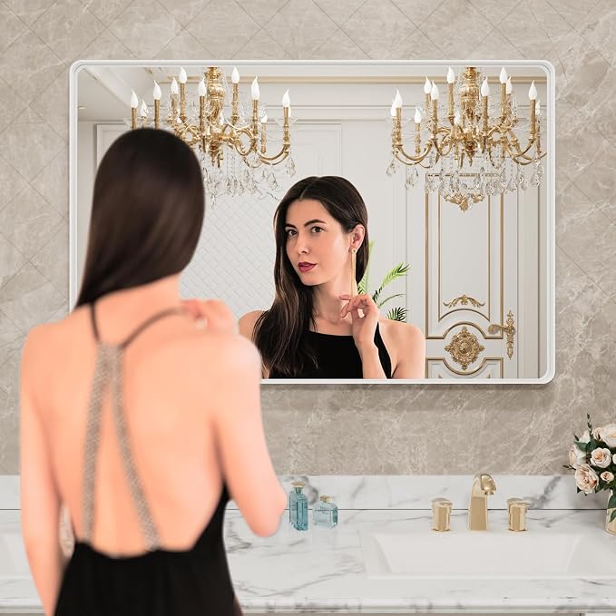 LOAAO 40x32 Inch White Metal Framed Bathroom Mirror for Wall, White Bathroom Vanity Mirror Farmhouse, Large Rounded Rectangle Mirror, Anti-Rust, Tempered Glass, Hangs Horizontally or Vertically | Rounded Rectangle, Anti-Rust, Tempered Glass, Hangs Hori...
