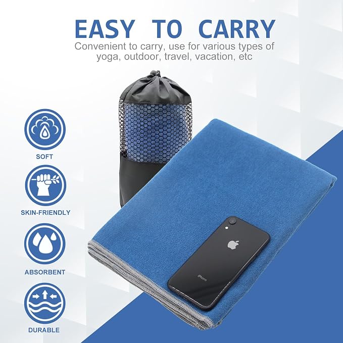 Eunzel Yoga Towel,Hot Yoga Mat Towel with Grip Dots Sweat Absorbent Non-Slip for Hot Yoga, Pilates and Workout 24" x72", Steel Blue