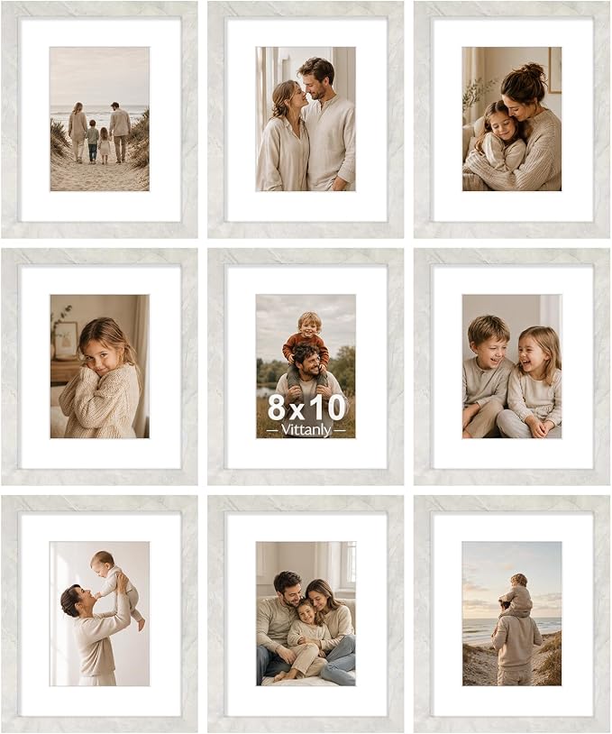 Vittanly 8x10 Picture Frames, Wall & Tabletop, 9 Pack, Vintage Marble White | Display Pictures 5x7 with Mat or 8x10 without Mat, Small Photo Frames, Engineered Wood with Shatter Resistant Plexiglass