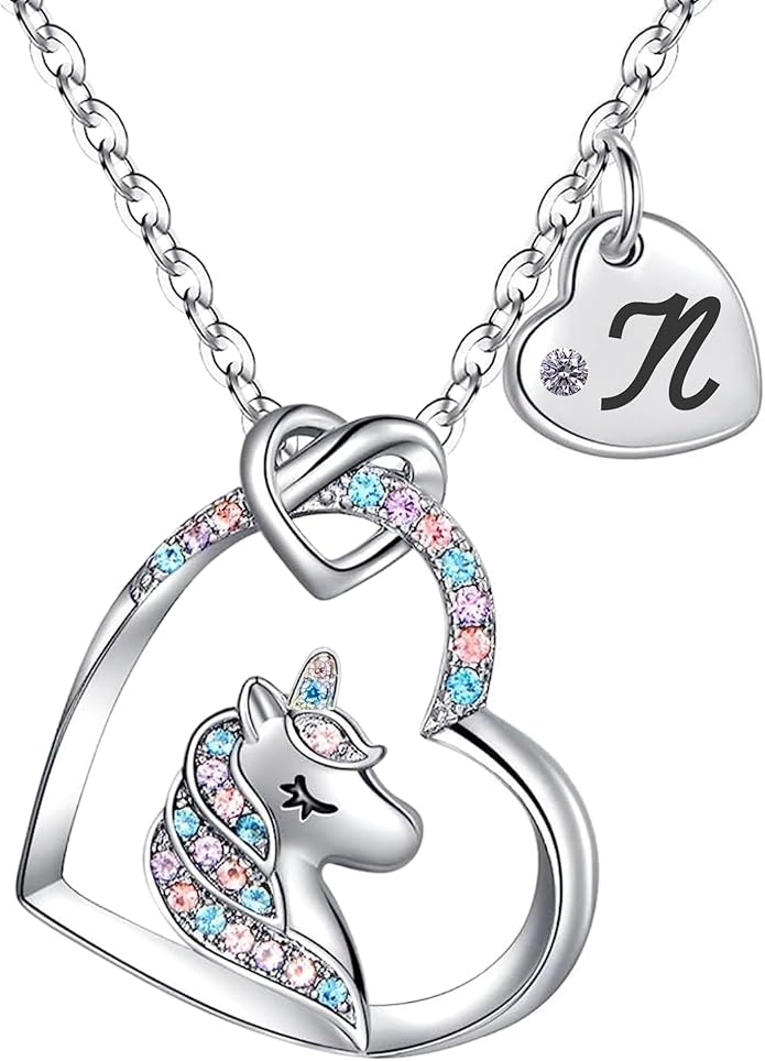 Valentines Day Gifts for Kids Girls - Unicorn Necklace for Girls with Initial Heart Pendant & Gift Box, 18K Gold Fashion Kids Jewelry, Colorful Heart Necklace for Birthdays & Costume Parties.