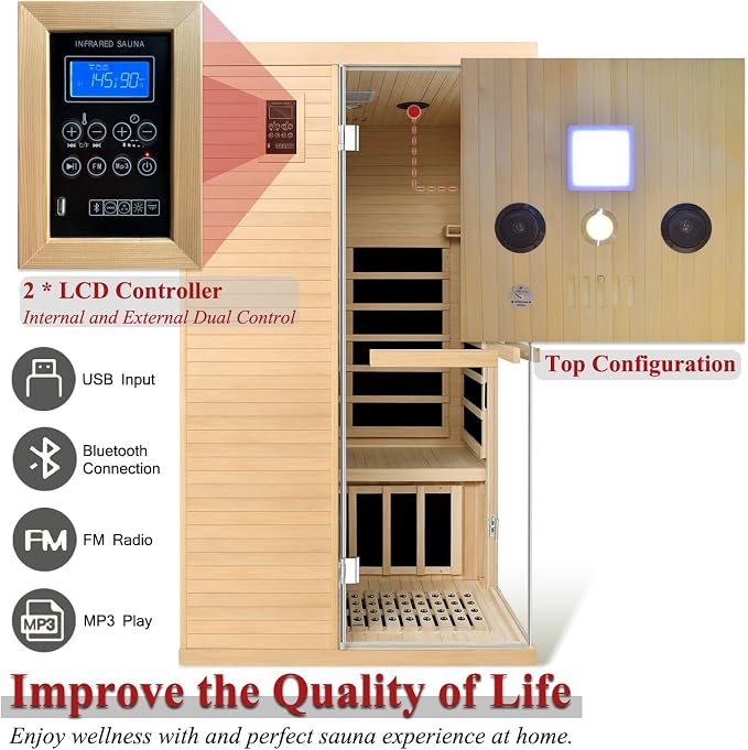 Far Infrared Home 1 Person Indoor Sauna Room 110V/1350W Hemlock Wooden Dry Sauna,Double Opening Tempered Glass Door，Internal and External LCD Controller，Bluetooth Player
