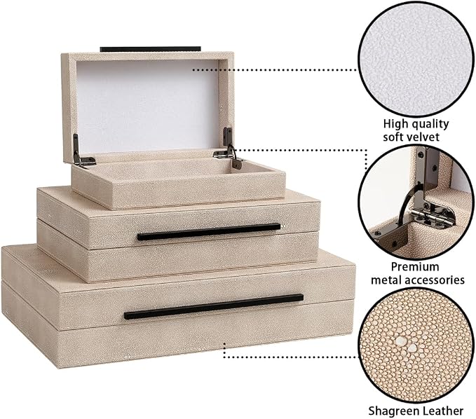 Decorative Boxes with Lids, Set of 3 Faux Leather Decorative Box, Large Modern Decorative Boxes with Lids for Home Decor, Photo Boxes, Organizer Box (Ivory)