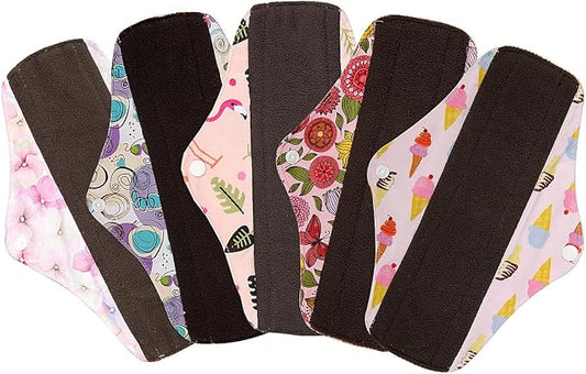 5 Pack 10 Inch Charcoal Bamboo Cloth Menstrual Pads,Reusable Sanitary Pads,Washable Panty Liner,Unscented
