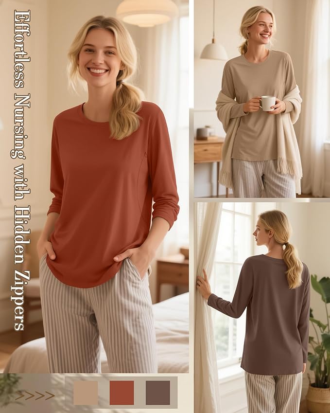 3 Pack Nursing Tops for Breastfeeding Maternity Shirts Zipper Long Sleeve Round Neck Knit Casual Nursing Clothes