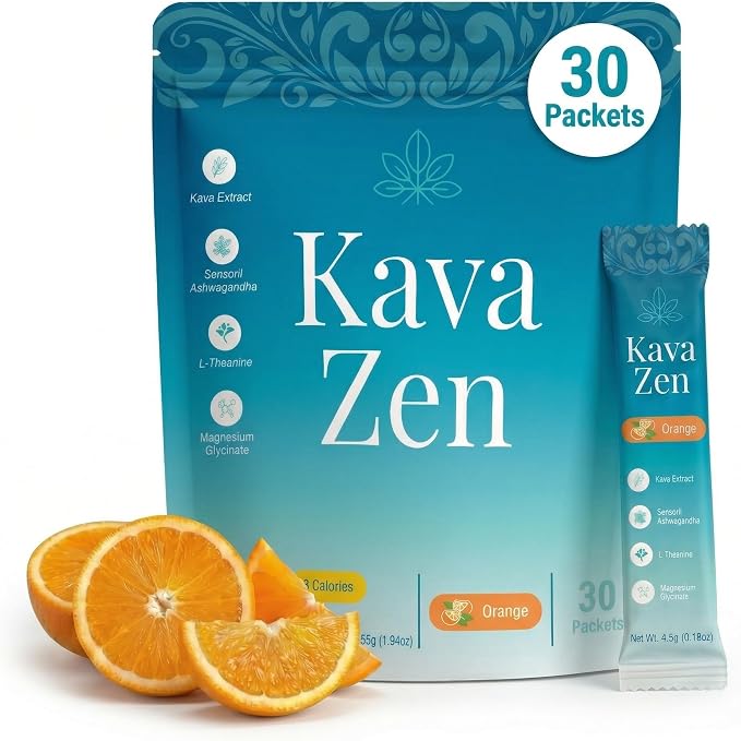 Kava Zen Calming Kava Drink Mix | 250mg Kava Extract (70% Kavalactones), L-Theanine, Sensoril Ashwagandha, Magnesium | Relaxation, Sleep Aid, Cortisol + Stress Support | No Sugar, Non-GMO | 30 Packs