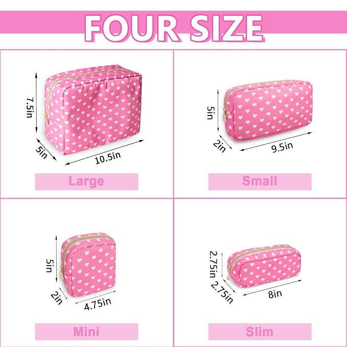 UIXIZQ Small Makeup Pouch for Purse，Nylon Travel Toiletry Storage Cute Preppy Cosmetic Bag for Women Girls，Waterproof Makeup Organizer Pouch Skincare Purse with Zipper (Small-Pink Heart)