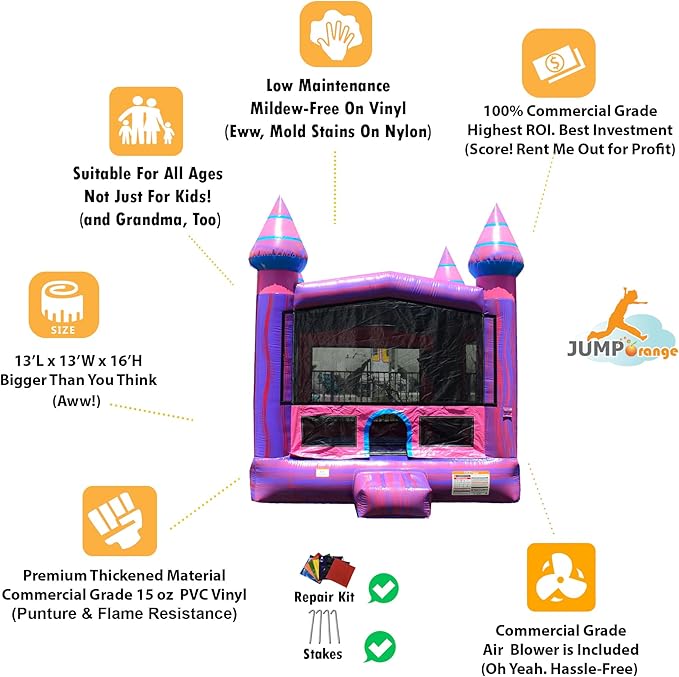 JumpOrange Purplish Commercial Grade Bounce House for Kids and Adults (with Blower), Basketball Hoop, Outdoor Indoor, Birthday Party Rental, Big Inflatable, 13x13