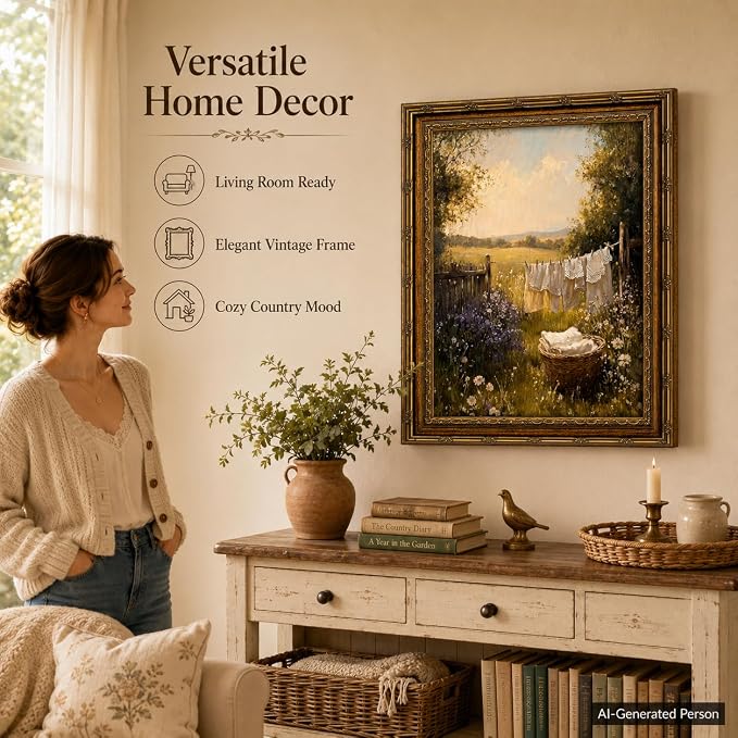 Laundry Room Wall Art, Vintage Gold Framed Farmhouse Landscape, 12x16in | Retro cottagecore country landscape with carved gold frame for laundry room, washroom, bathroom, or farmhouse home decor