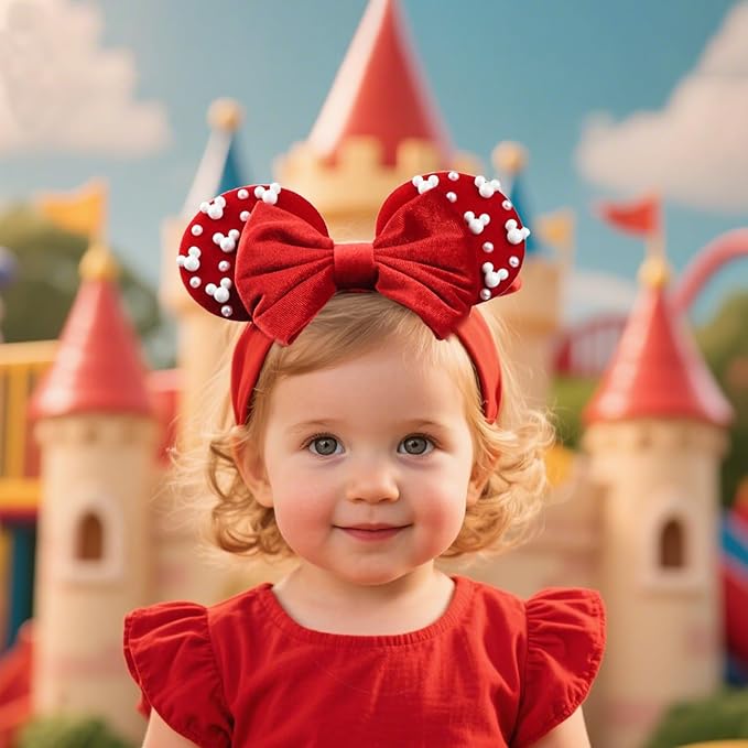 JIAHANG Baby Girl Red Velvet Mouse Ears Turban Headwrap with Beads, Wide Velour Hairband for Baby Girls, Toddler, Kids, Party Supplie