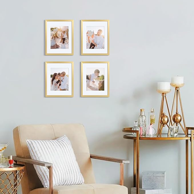 upsimples 11x14 Picture Frame Set of 5, Display Pictures 8x10 with Mat or 11x14 Without Mat, Wall Gallery Photo Frames, Gold